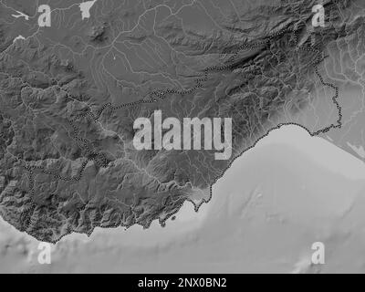 Mersin, province of Turkiye. Grayscale elevation map with lakes and rivers Stock Photo