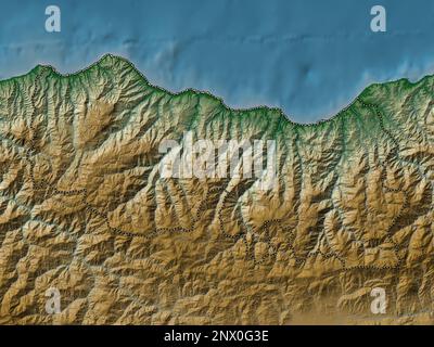 Trabzon, province of Turkiye. Colored elevation map with lakes and rivers Stock Photo