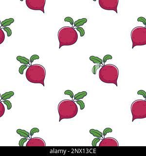 Cute Beet root seamless pattern in doodle style. Vector hand drawn cartoon Beet root illustration. Hand drawn Sketch of Beet root. Pattern for kids clothes. Stock Vector