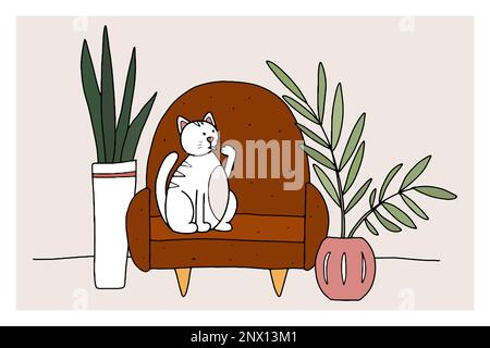 Doodle Cat on the couch. Hand-drawn pet in a cozy interior with plants in a pot. White striped animal licks its paw at home. Line kitten sits and wash Stock Vector