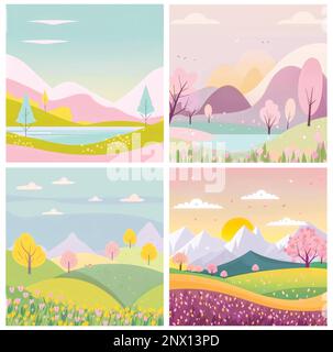 Peaceful natural landscape illustration with green trees, rolling hills, and a clear blue sky - perfect for any project needing a serene outdoor setti Stock Vector