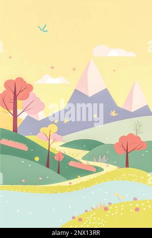Peaceful natural landscape illustration with green trees, rolling hills, and a clear blue sky - perfect for any project needing a serene outdoor setti Stock Vector