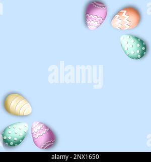 Colorful 3D pastel eggs on the sides with light blue background - happy Easter Christian holiday playful rainbow wallpaper, banner, poster decoration Stock Photo