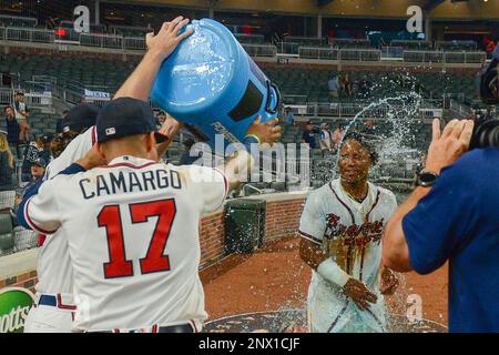 ATLANTA, GA - JUNE 17: Atlanta Braves Shortstop Dansby Swanson (7) looks on  during the Father's Day MLB game between the Atlanta Braves and the San  Diego Padres on June 17, 2018