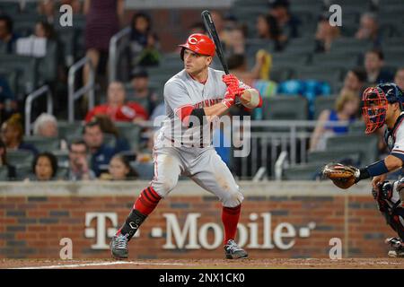 ATLANTA, GA – JUNE 25: Reds catcher Tucker Barnhart (16) looks out between  pitches during the game between Atlanta and Cincinnati on June 25th, 2018  at SunTrust Park in Atlanta, GA. (Photo