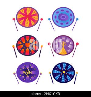 Set of musical instruments hang drum, glucophone with drumsticks. Different print drawn in center. Music for meditation, spiritual knowledge. Colorful Stock Vector