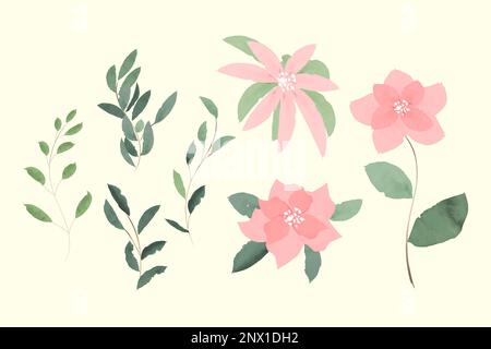 Set of watercolor green leaves elements. Collection botanical vector isolated on white background suitable for Wedding Invitation, save the date, than Stock Vector