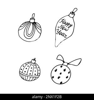 New year doodle toys in black isolated over white background. New Years and Christmas hand drawn doodle. Vector illustration Stock Vector