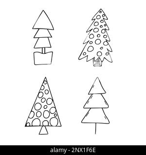 New year doodle trees in black isolated over white background. New Years and Christmas hand drawn doodle. Vector illustration Stock Vector