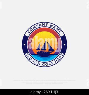 Sailboat With Sunset Logo Design Inspiration - Vector illustration yacht travel vacation logo badge Stock Vector