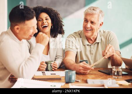 Team, laugh and funny business people in a meeting in a boardroom or office laughing in diversity and talking. Meeting, joke and colleagues or group Stock Photo
