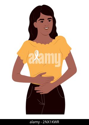 A young smiling girl is holding her stomach with her hands. Endometriosis Awareness Ribbon. An African American woman and a symbol of womens health Stock Vector