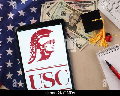 Germany. 28th Feb, 2023. In this photo illustration, the University of Southern California logo seen displayed on a tablet. Credit: SOPA Images Limited/Alamy Live News Stock Photo