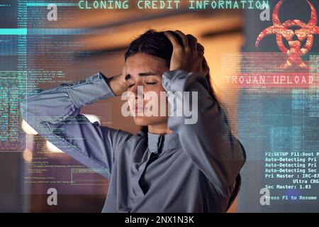 Hacker stress, coder overlay and cybersecurity problem graphic with a business woman with headache. Software glitch, ransomware server and burnout of Stock Photo