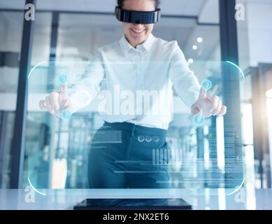 Business woman, hands and VR with 3D UI hologram in digital transformation, analytics or data innovation. Female in virtual reality with headset for Stock Photo