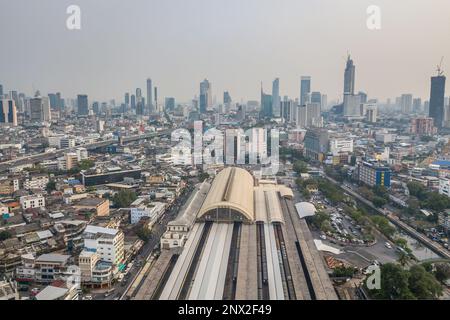 Drone photograph of Hualamphong Train Station in Bangkok. Stock Photo