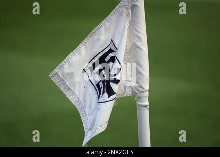 Tranmere, UK 28th February 2023 :  The corner flag at Prenton Park before the ELF League Two match between Tranmere Rovers & Crawley Town at Prenton Park in Tranmere. Credit: James Boardman/Alamy Live News