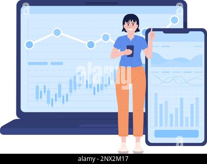 Online trader using laptop, smartphone app for investment flat concept vector spot illustration Stock Vector
