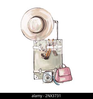 Travel suitcase with heart, bag and camera. Vector illustration Stock Vector