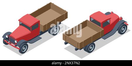 Isometric Retro Old Cargo Truck transportation. Fast delivery or logistic transport. Empty small truck. Small truck van lorry for transportation of Stock Vector