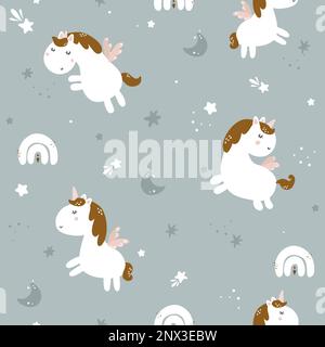 Seamless childish pattern with unicorn and rainbow. Cute vector texture for kids bedding, fabric, wallpaper, wrapping paper, textile, t-shirt print Stock Vector