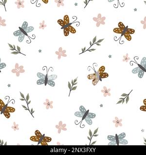 Seamless pattern with cute butterflies, flying insects. Simple naive vector illustration for textile print, wallpaper, wrapping paper Stock Vector