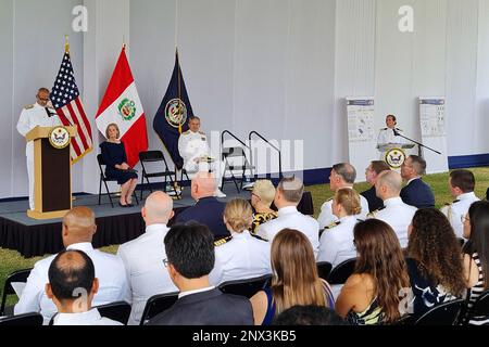 LIMA, Peru (Jan. 19, 2023) Rear Adm. Guido F. Valdes, commander, Naval Medical Forces Pacific, provides remarks at the 40th anniversary celebration for Naval Medical Research Unit (NAMRU)-6 at the U.S. Embassy Campus. NAMRU-6 hosted several visitors and guests from the U.S. and Peru at the event, to include U.S. Ambassador to Peru Lisa Kenna, Rear Adm. Jorge Enrique Andaluz Echevarría, Surgeon General of the Peruvian Navy and Capt. William Denniston, commander, Naval Medical Research Center. Visitors provided remarks celebrating the history of the command and its ongoing mission. NAMRU-6, part Stock Photo