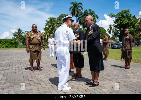 SUVA, Fiji (Jan. 31, 2023) Adm. John C. Aquilino, Commander of U.S. Indo-Pacific Command, center, greets veteran Fiji Military Forces service members during a wreath laying ceremony at the National War Memorial. USINDOPACOM is committed to enhancing stability in the Asia-Pacific region by promoting security cooperation, encouraging peaceful development, responding to contingencies, deterring aggression and, when necessary, fighting to win. Stock Photo