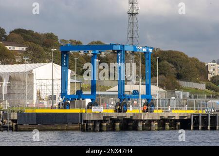 PLYMOUTH, DEVON, UK - OCTOBER 16, 2021 Her Majesty's Naval Base, Devonport taken from the Tamar River Stock Photo