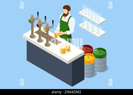 Beer bar counter. Interior of pub or bar. Beer bar, the bartender pours beer. Bartender pouring a dark stout beer in tap Stock Vector