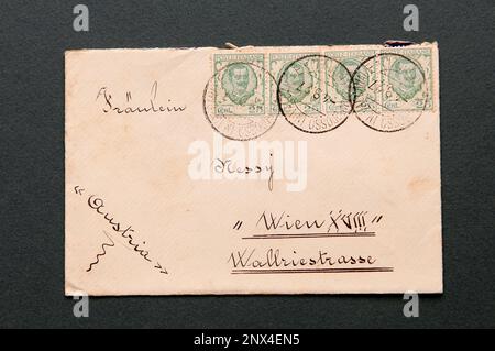 Old envelope with some stamps of the former Kingdom of Italy Stock Photo