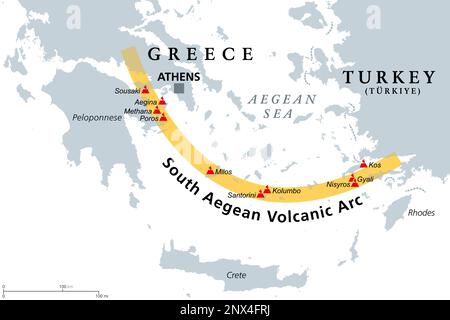 South Aegean Volcanic Arc map. Chain of volcanoes formed by plate tectonics, caused by subduction of the African beneath the Eurasian plate. Stock Photo