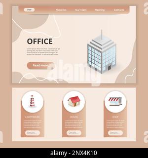 Office flat landing page website template. Lighthouse, house, shop. Web banner with header, content and footer. Vector illustration. Stock Vector