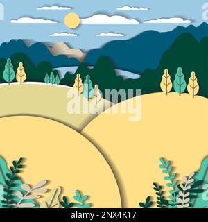 3d vector paper cut landscape with mountains, hills, field, tree, forest, lake, sky, clouds, sun. Cartoon illustration minimal handicraft style. Moder Stock Vector