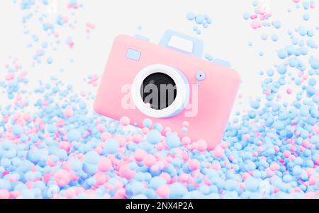 Cartoon camera with colorful spheres background, 3d rendering. Digital drawing. Stock Photo