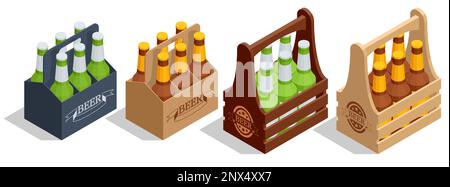 Isometric beer crate with bottles on white. Wooden crate with beer bottles. Pack of beer icon. Stock Vector
