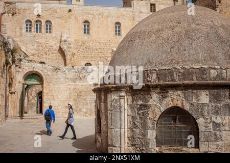 Courtyard of Ethiopian Orthodox church, in Church of the Holy Sepulchre also called the Church of the Resurrection, Christian Quarter,Old City, Jerusa Stock Photo