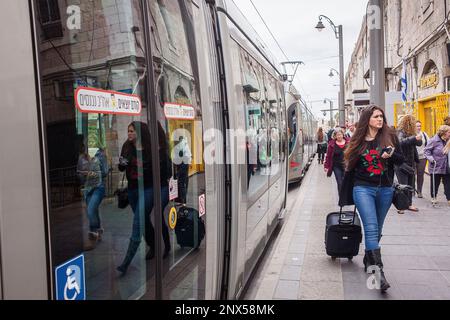 Tram at Yafo street also called Jaffa street, Jerusalem, Israel Stock Photo