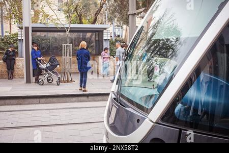 Tram at Yafo street also called Jaffa street, Jerusalem, Israel Stock Photo