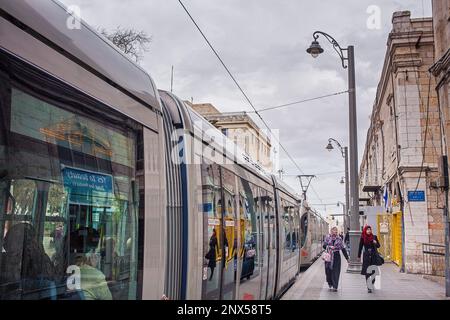 Tram at Yafo street also called Jaffa street, Jerusalem, Israel Stock Photo