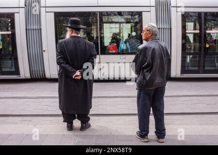 Tram at Yafo street also called Jaffa street, Jerusalem, Israel Stock Photo