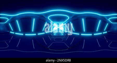 Neon tunnel 360 panorama background, 3d rendering. Digital drawing. Stock Photo