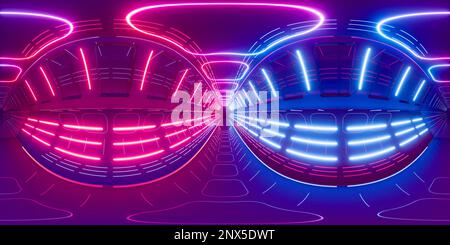 Neon tunnel 360 panorama background, 3d rendering. Digital drawing. Stock Photo