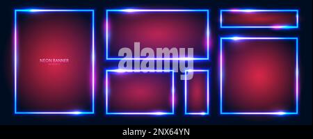 Rectangular neon banners with shining effects, highlights and inscriptions on a dark background. Stock Vector