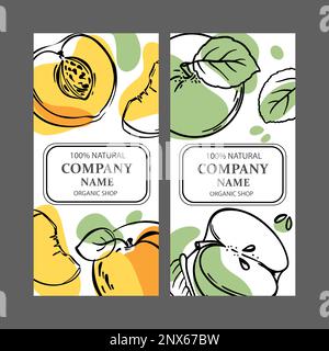 PEACH APPLE LABELS Vertical Stickers Design For Shop Of Tropical Organic Natural Fresh Juicy Fruits And Dessert Drinks In Sketch Style Vector Illustra Stock Vector