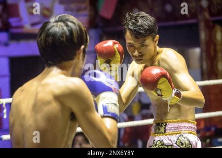 Muay Thai boxers fighting, Bangkok, Thailand Stock Photo