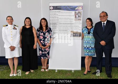 LIMA, Peru (Jan. 19, 2023) Staff of Naval Medical Research Unit (NAMRU)-6 pose during the command’s 40th anniversary celebration at the U.S. Embassy Campus. NAMRU-6 hosted several visitors and guests from the U.S. and Peru at the event, to include U.S. Ambassador to Peru Lisa Kenna, Rear Adm. Jorge Enrique Andaluz Echevarría, Surgeon General of the Peruvian Navy, Rear Adm. Guido F. Valdes, commander, Naval Medical Forces Pacific and Capt. William Denniston, commander, Naval Medical Research Center. Visitors provided remarks celebrating the history of the command and its ongoing mission. NAMRU- Stock Photo
