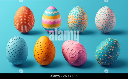 Colorful Easter eggs on pastel blue background. Creative design. Stock Photo