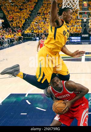 Houston Rockets' Clint Capela, top, dunks over Golden State Warriors' Kevin  Durant (35) during the second half in Game 2 of a second-round NBA  basketball playoff series in Oakland, Calif., Tuesday, April
