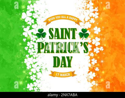 St. Patrick's Day Celebration Background with shamrock clover and text on Irish Flag colored background. Vector Stock. Stock Vector